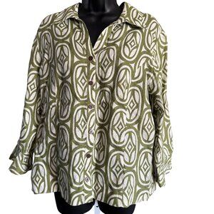 Linen Shirt 12 Green White Geometric Print Button-Up By JM Collection